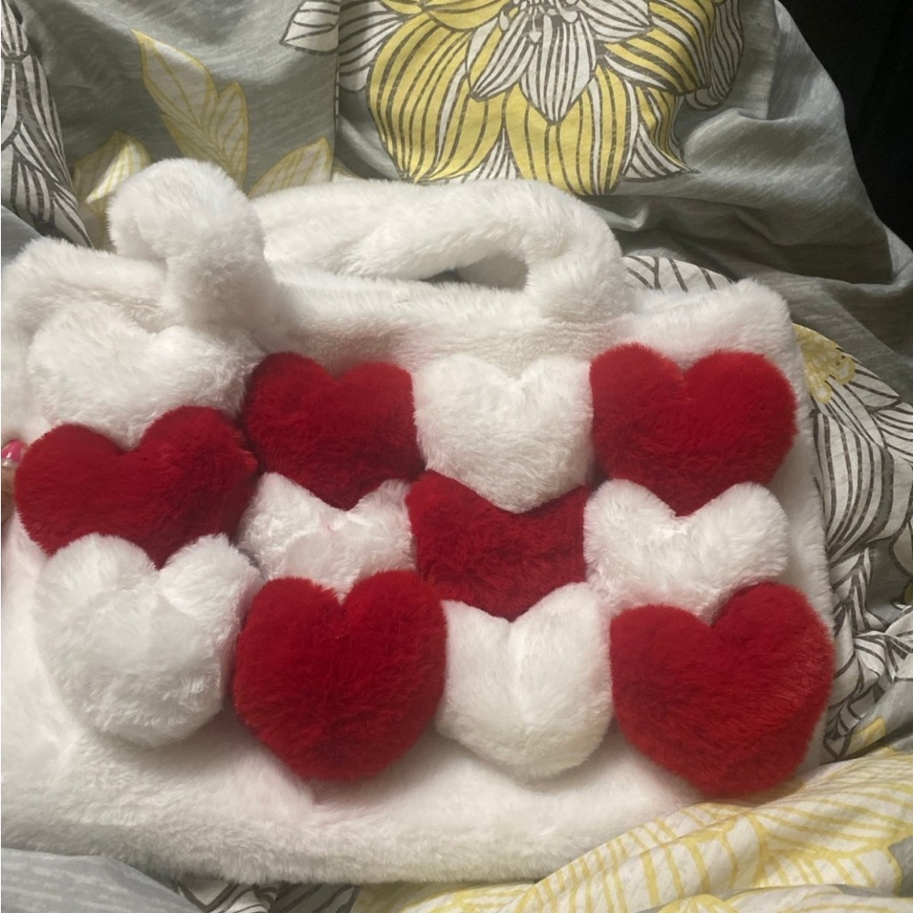 Fuzzy Heart Tote Bag in Red and White
